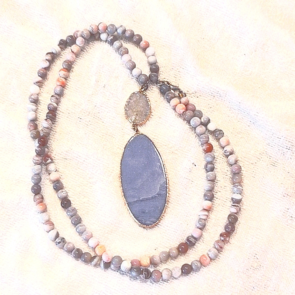NWOT necklace amazonite beads, accented with brass druzy quartz and blue pendant